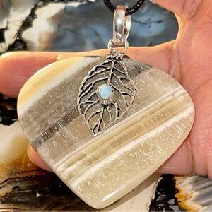 Crystal Pairing of Raw Phantom Zebra Calcite & Larimar Pendant 2 1/2”
